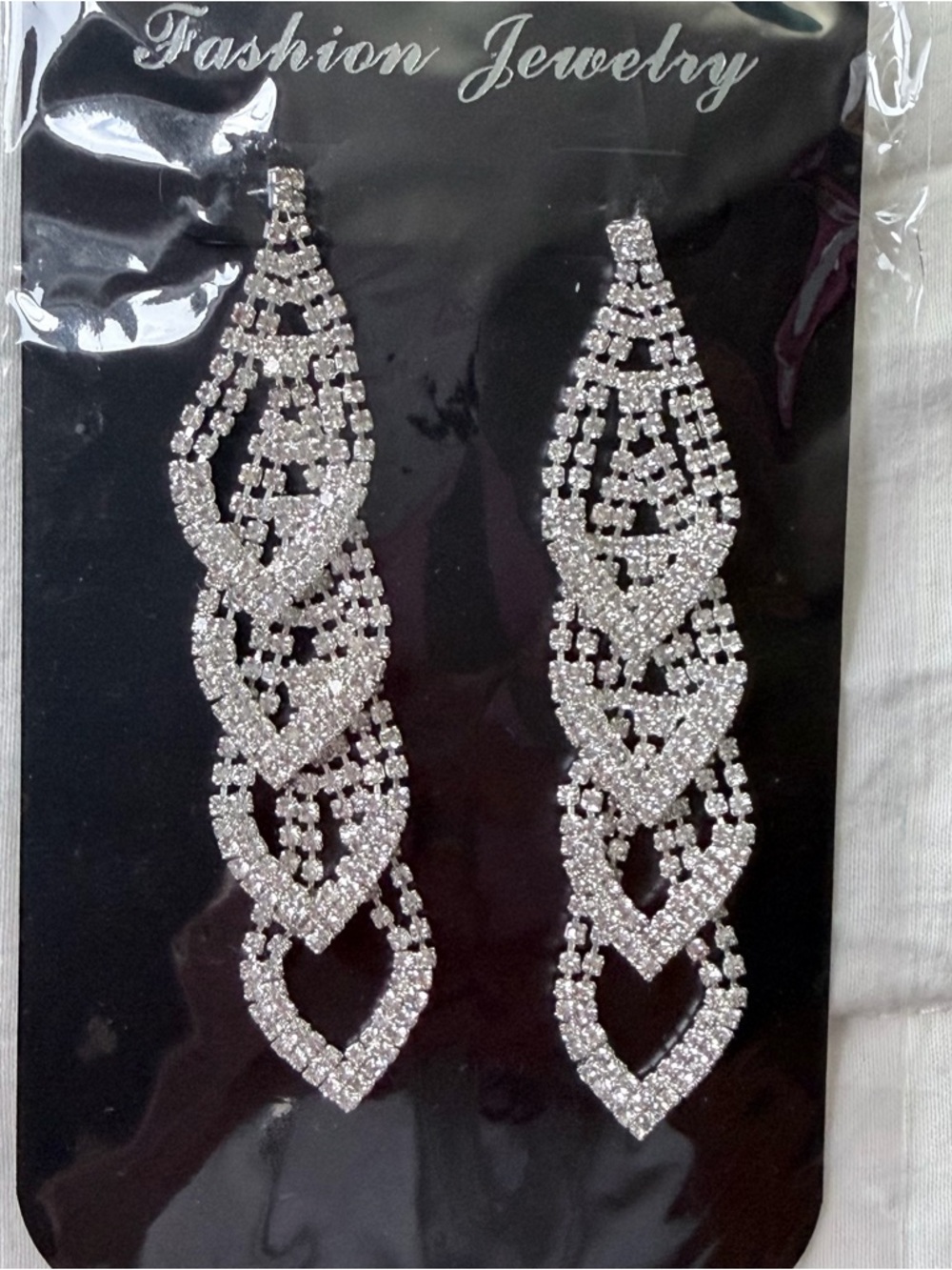 Brand New Vintage 1990s Style Luxury Silver Diamond Long Event Teardrop Earrings
